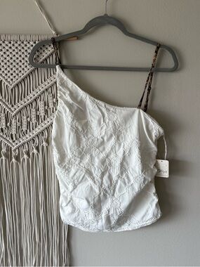 Free People White One-Shoulder Embroidered Cami with Patterned Strap